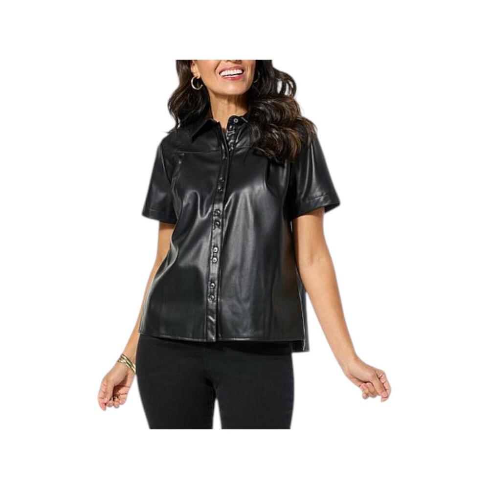 DG2 by Diane Gilman Women's Faux Leather Button-Up Shirt Black - Regular